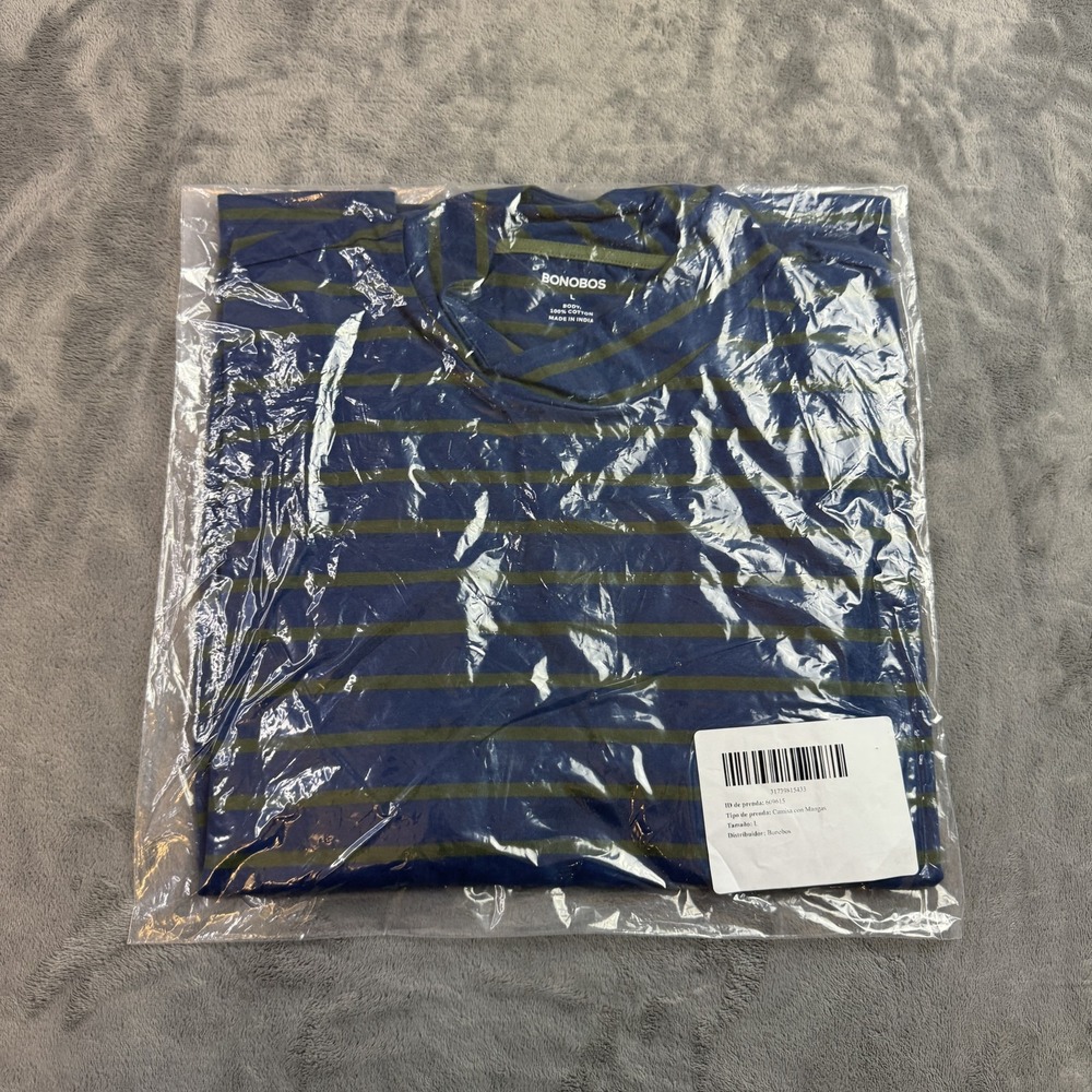 Bonobos Shirt Mens Large Blue Green Striped Crewneck‎ Casual 100% Cotton Tee